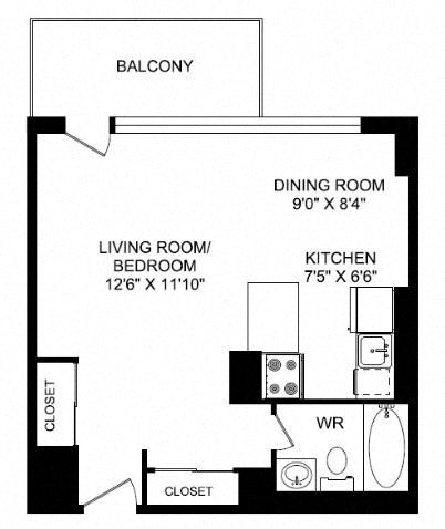 Floor plan for studio, 1 bath, 479 sqft